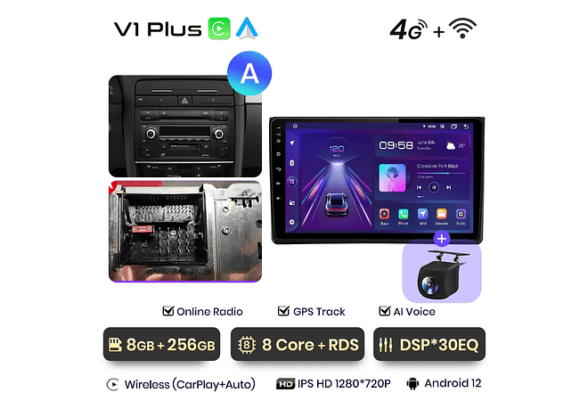 RD071 Android Audi A4 2000-2009 1GB a 8GB RAM e 16GB a 128GB ROM com ou sem Carplay