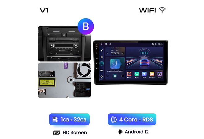 RD071 Android Audi A4 2000-2009 1GB a 8GB RAM e 16GB a 128GB ROM com ou sem Carplay