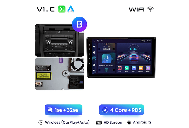 RD071 Android Audi A4 2000-2009 1GB a 8GB RAM e 16GB a 128GB ROM com ou sem Carplay