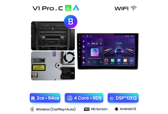 RD071 Android Audi A4 2000-2009 1GB a 8GB RAM e 16GB a 128GB ROM com ou sem Carplay