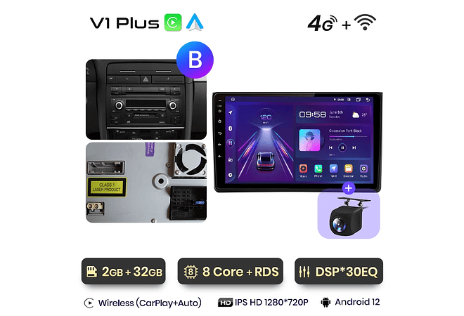 RD071 Android Audi A4 2000-2009 1GB a 8GB RAM e 16GB a 128GB ROM com ou sem Carplay