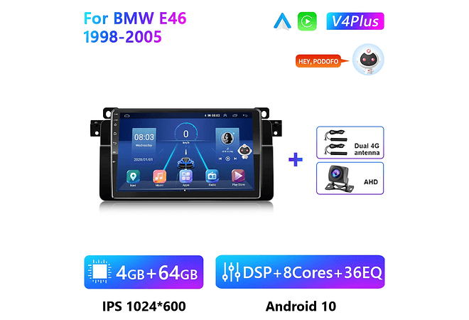 RD081 Android bmw e46 m3 318/320/325/330/335 1998-2005 1GB a 8GB RAM e 16GB a 128GB ROM com ou sem Carplay