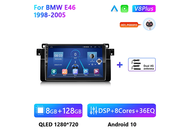 RD081 Android bmw e46 m3 318/320/325/330/335 1998-2005 1GB a 8GB RAM e 16GB a 128GB ROM com ou sem Carplay