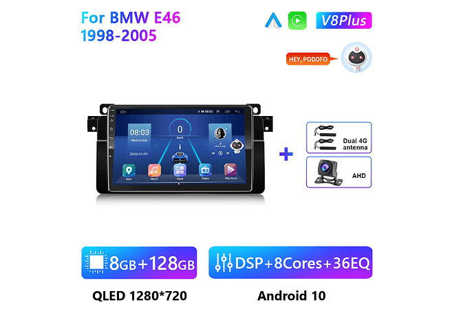 RD081 Android bmw e46 m3 318/320/325/330/335 1998-2005 1GB a 8GB RAM e 16GB a 128GB ROM com ou sem Carplay
