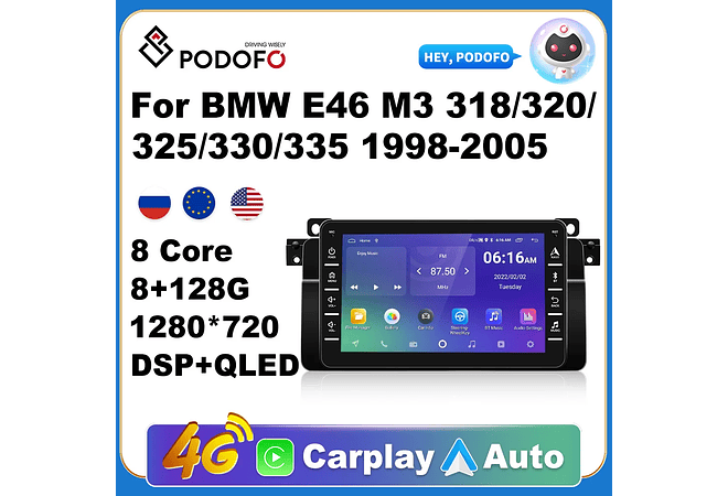 RD081 Android bmw e46 m3 318/320/325/330/335 1998-2005 1GB a 8GB RAM e 16GB a 128GB ROM com ou sem Carplay