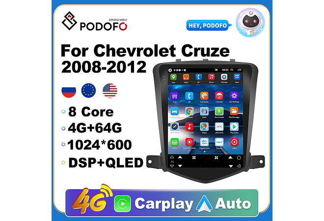 RD085 Android chevrolet cruze j300 2008-2012 1GB a 8GB RAM e 16GB a 128GB ROM com ou sem Carplay