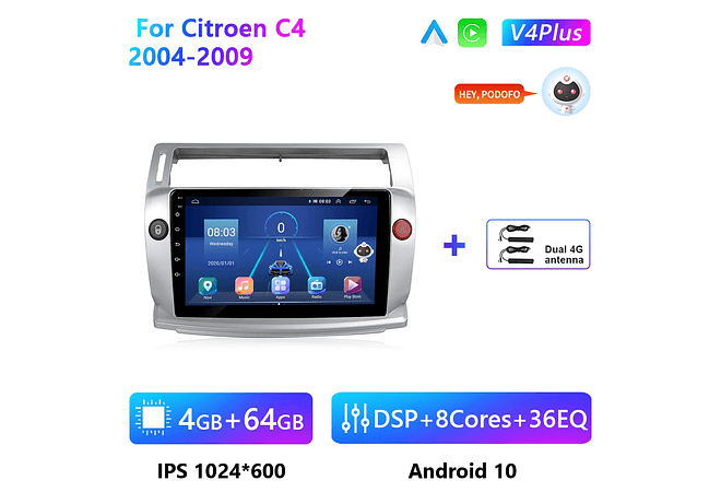 RD090 Android citroen C4 c-triomphe c-quatre 2004-2009 1GB a 8GB RAM e 16GB a 128GB ROM com ou sem Carplay