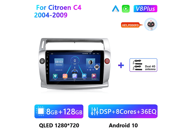 RD090 Android citroen C4 c-triomphe c-quatre 2004-2009 1GB a 8GB RAM e 16GB a 128GB ROM com ou sem Carplay