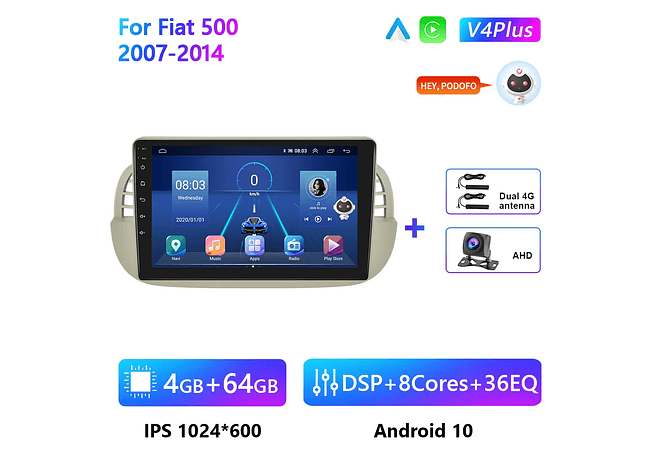 RD093 Android fiat 500 2007-2014 1GB a 8GB RAM e 16GB a 128GB ROM com ou sem Carplay