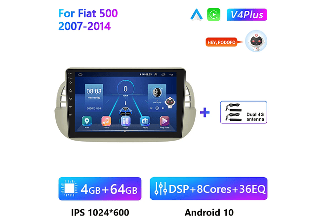 RD093 Android fiat 500 2007-2014 1GB a 8GB RAM e 16GB a 128GB ROM com ou sem Carplay