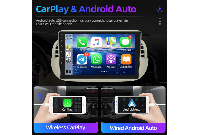 RD093 Android fiat 500 2007-2014 1GB a 8GB RAM e 16GB a 128GB ROM com ou sem Carplay