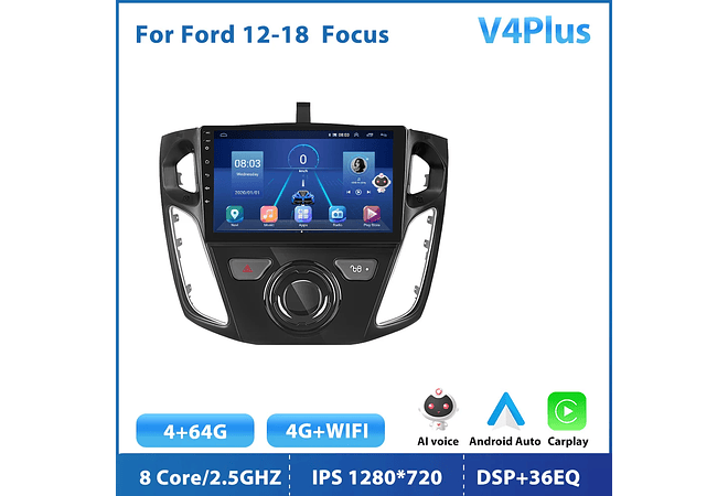 RD099 Android ford focus 2012-2018 1GB a 8GB RAM e 16GB a 128GB ROM com ou sem Carplay