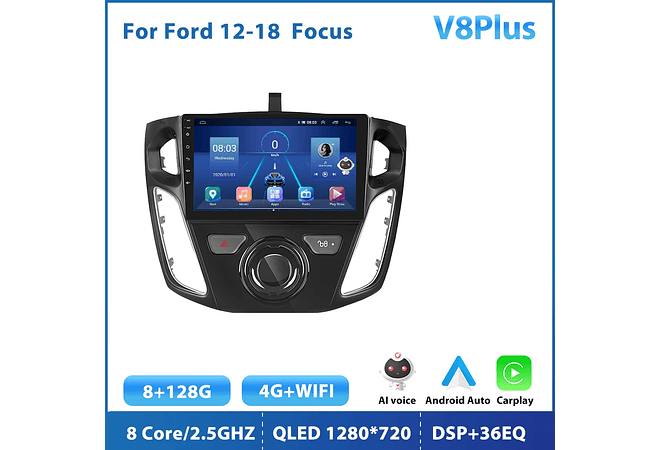 RD099 Android ford focus 2012-2018 1GB a 8GB RAM e 16GB a 128GB ROM com ou sem Carplay
