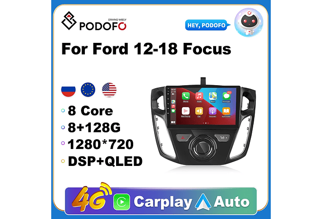 RD099 Android ford focus 2012-2018 1GB a 8GB RAM e 16GB a 128GB ROM com ou sem Carplay