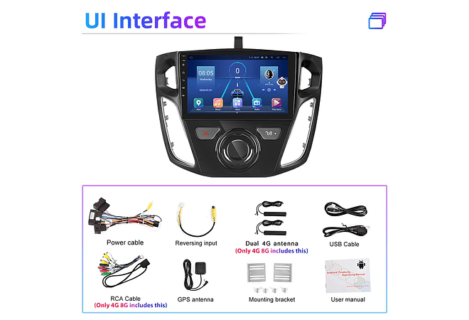 RD099 Android ford focus 2012-2018 1GB a 8GB RAM e 16GB a 128GB ROM com ou sem Carplay