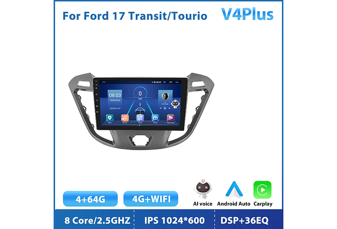 RD104 Android ford transit tourneo 2017 1GB a 8GB RAM e 16GB a 128GB ROM com ou sem Carplay