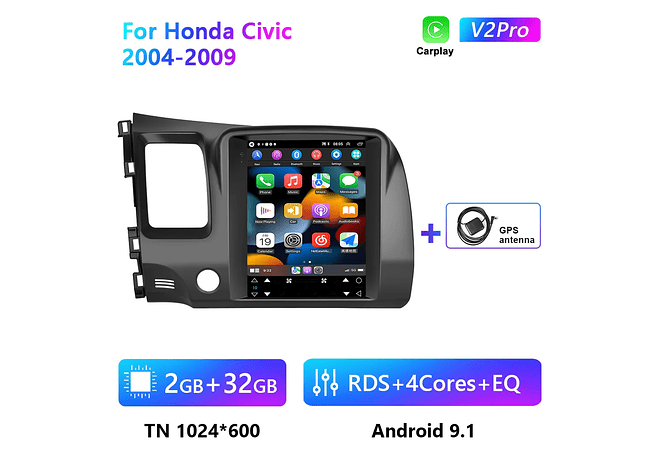 RD108 Android honda civic 2004-2009 1GB a 8GB RAM e 16GB a 128GB ROM com ou sem Carplay