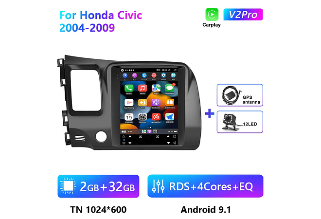 RD108 Android honda civic 2004-2009 1GB a 8GB RAM e 16GB a 128GB ROM com ou sem Carplay