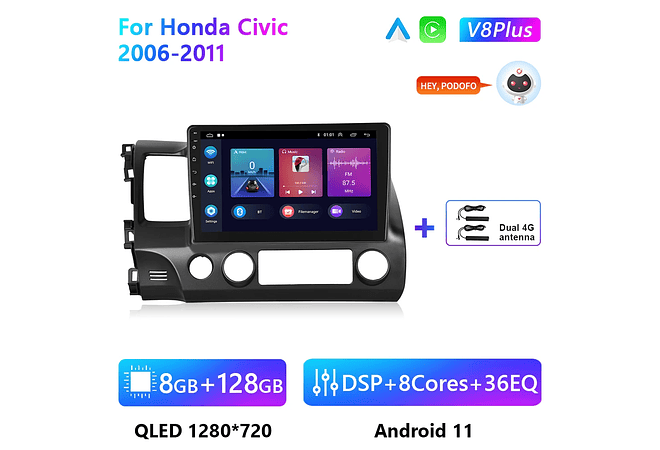 RD109 Android honda civic 2006-2011 1GB a 8GB RAM e 16GB a 128GB ROM com ou sem Carplay