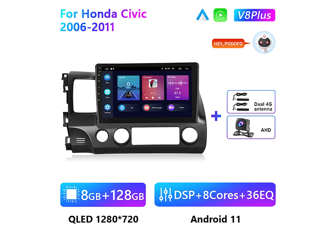 RD109 Android honda civic 2006-2011 1GB a 8GB RAM e 16GB a 128GB ROM com ou sem Carplay