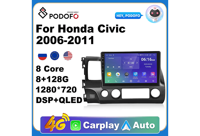 RD109 Android honda civic 2006-2011 1GB a 8GB RAM e 16GB a 128GB ROM com ou sem Carplay