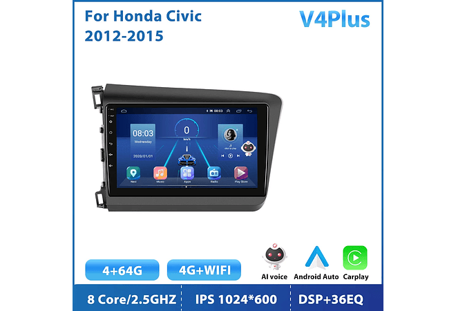 RD110 Android honda civic 2012-2015 1GB a 8GB RAM e 16GB a 128GB ROM com ou sem Carplay