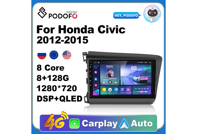 RD110 Android honda civic 2012-2015 1GB a 8GB RAM e 16GB a 128GB ROM com ou sem Carplay
