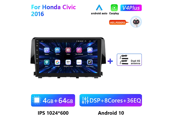 RD111 Android honda civic 2016 1GB a 8GB RAM e 16GB a 128GB ROM com ou sem Carplay