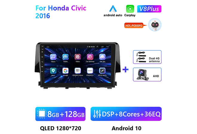 RD111 Android honda civic 2016 1GB a 8GB RAM e 16GB a 128GB ROM com ou sem Carplay