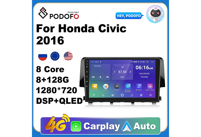 RD111 Android honda civic 2016 1GB a 8GB RAM e 16GB a 128GB ROM com ou sem Carplay