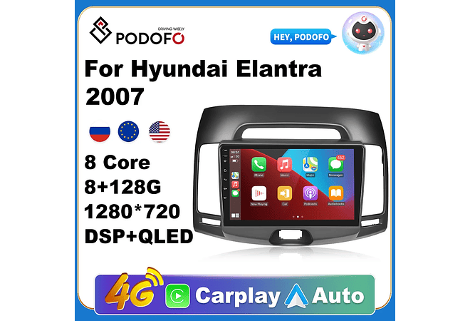 RD115 Android hyundai elantra 2007 1GB a 8GB RAM e 16GB a 128GB ROM com ou sem Carplay