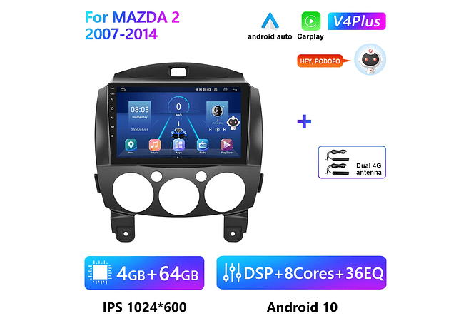 RD146 Android Mazda 2 2007-2014 1GB a 8GB RAM e 16GB a 128GB ROM com ou sem Carplay