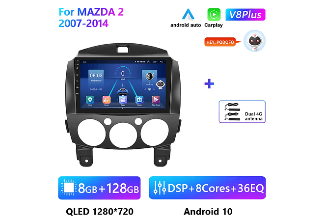 RD146 Android Mazda 2 2007-2014 1GB a 8GB RAM e 16GB a 128GB ROM com ou sem Carplay