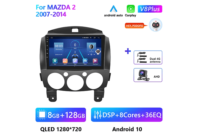 RD146 Android Mazda 2 2007-2014 1GB a 8GB RAM e 16GB a 128GB ROM com ou sem Carplay