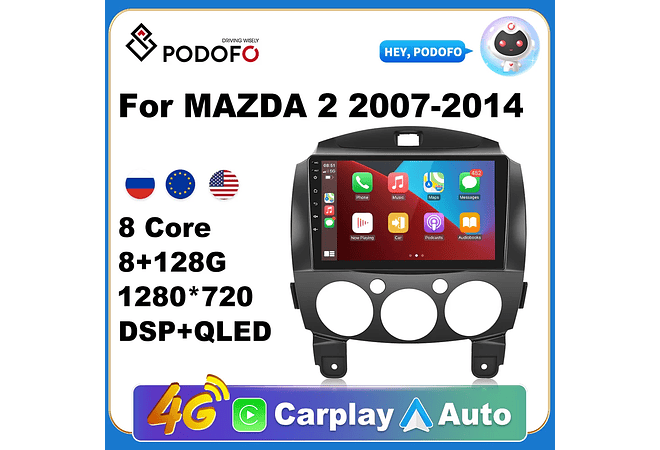 RD146 Android Mazda 2 2007-2014 1GB a 8GB RAM e 16GB a 128GB ROM com ou sem Carplay