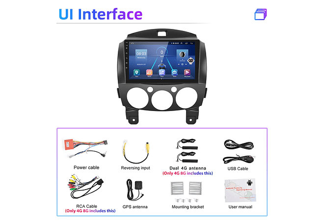RD146 Android Mazda 2 2007-2014 1GB a 8GB RAM e 16GB a 128GB ROM com ou sem Carplay