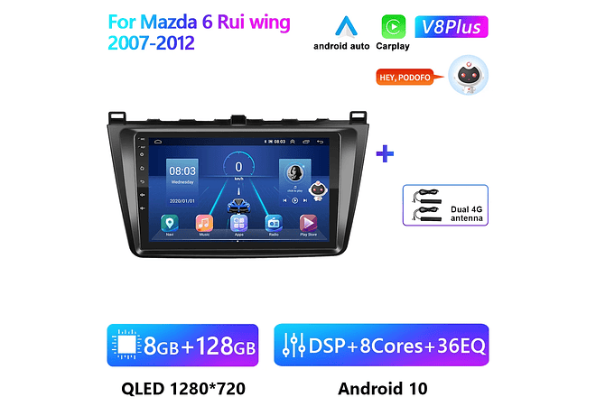 RD151 Android Mazda 6 rui asa 2007-2012 1GB a 8GB RAM e 16GB a 128GB ROM com ou sem Carplay