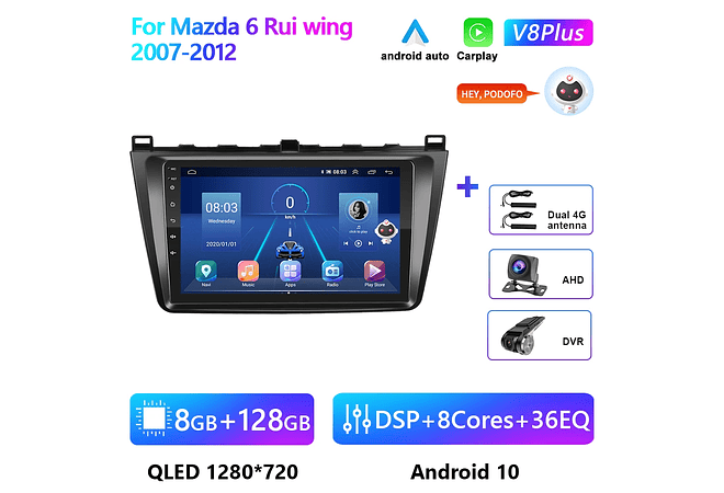 RD151 Android Mazda 6 rui asa 2007-2012 1GB a 8GB RAM e 16GB a 128GB ROM com ou sem Carplay