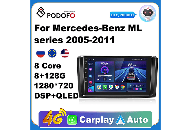 RD158 Android mercedes mercedes ml série 2005-2011 1GB a 8GB RAM e 16GB a 128GB ROM com ou sem Carplay