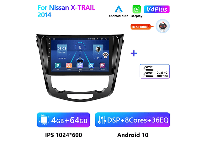 RD171 Android nissan X-TRAIL x trail 2014 1GB a 8GB RAM e 16GB a 128GB ROM com ou sem Carplay