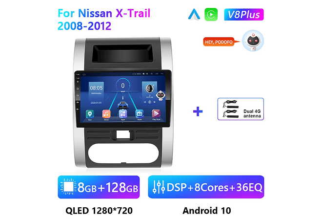RD172 Android nissan x-trail 2008-2012 1GB a 8GB RAM e 16GB a 128GB ROM com ou sem Carplay