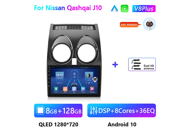 RD176 Android nissan qashqai j10 2006-2016 1GB a 8GB RAM e 16GB a 128GB ROM com ou sem Carplay