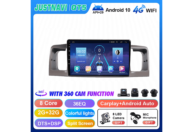 RD188 Android toyota corolla E120 E130 2000-2004 1GB a 8GB RAM e 16GB a 128GB ROM com ou sem Carplay