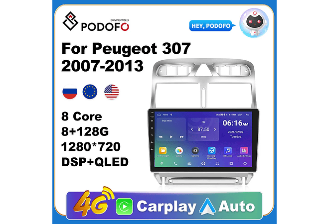RD189 Android peugeot 307 2007-2013 1GB a 8GB RAM e 16GB a 128GB ROM com ou sem CarplayB a 8GB RAM e 16GB a 128GB ROM com ou sem Carplay