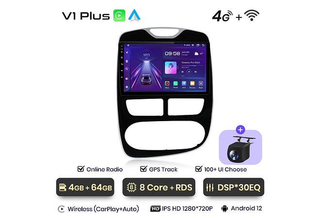 RD190 Android Renault Clio 2012-2016 1GB a 8GB RAM e 16GB a 128GB ROM com ou sem Carplay