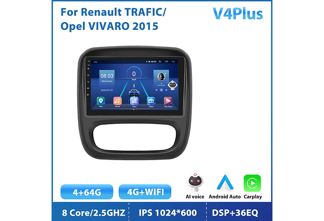RD193 Android renault Trafego 2015 1GB a 8GB RAM e 16GB a 128GB ROM com ou sem Carplay