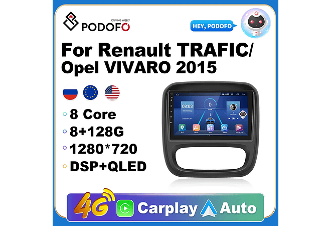 RD193 Android renault Trafego 2015 1GB a 8GB RAM e 16GB a 128GB ROM com ou sem Carplay