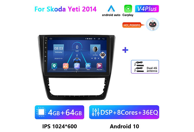 RD196 Android skoda yeti 2014 1GB a 8GB RAM e 16GB a 128GB ROM com ou sem Carplay