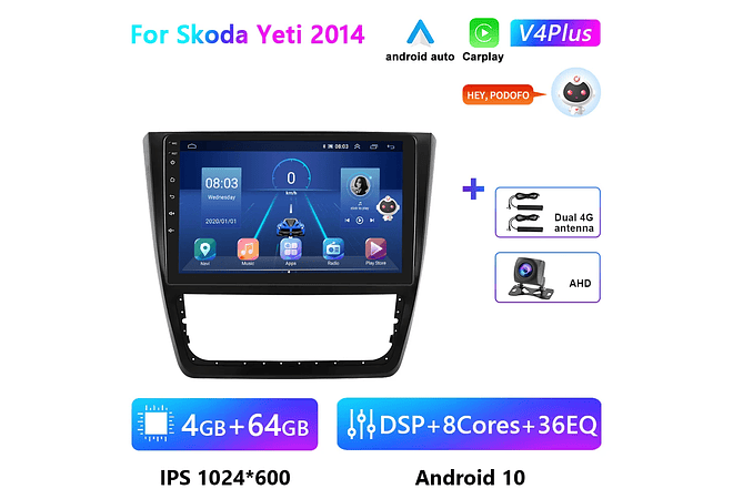 RD196 Android skoda yeti 2014 1GB a 8GB RAM e 16GB a 128GB ROM com ou sem Carplay