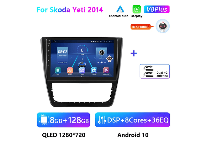 RD196 Android skoda yeti 2014 1GB a 8GB RAM e 16GB a 128GB ROM com ou sem Carplay